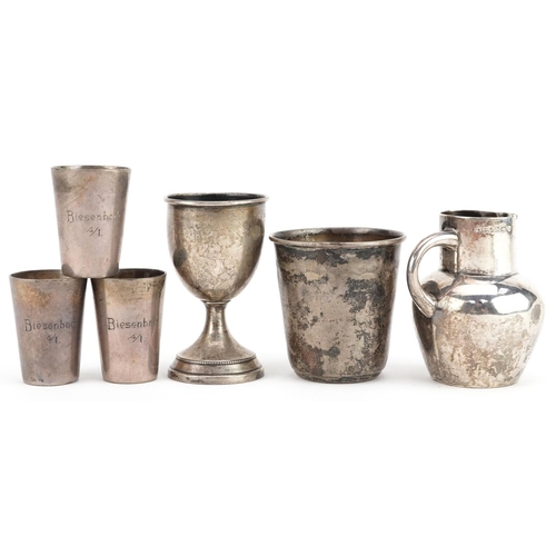 488 - Victorian and later silver including a Victorian jug, 800 grade silver thimble beaker and three Germ... 