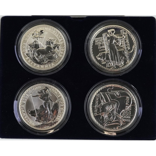 2097 - Philip Nathan Britannia design one ounce silver proof bullion four coin set housed in a blue case.