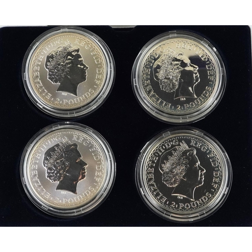 2097 - Philip Nathan Britannia design one ounce silver proof bullion four coin set housed in a blue case.