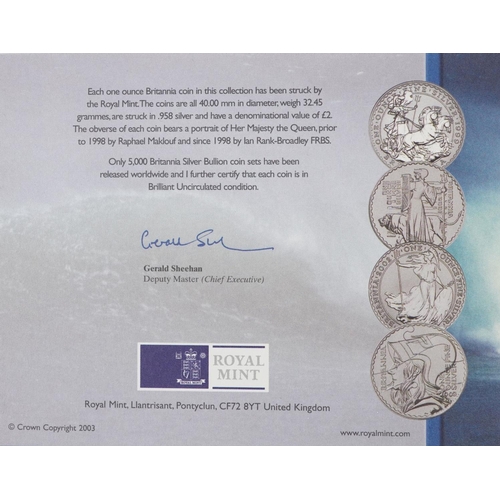 2097 - Philip Nathan Britannia design one ounce silver proof bullion four coin set housed in a blue case.