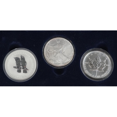 2091 - A boxed set of three one ounce proof silver coins comprising Australia Kookaburra one dollar, Canada... 