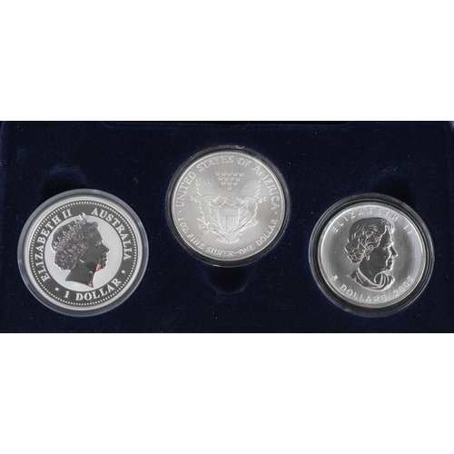 2091 - A boxed set of three one ounce proof silver coins comprising Australia Kookaburra one dollar, Canada... 