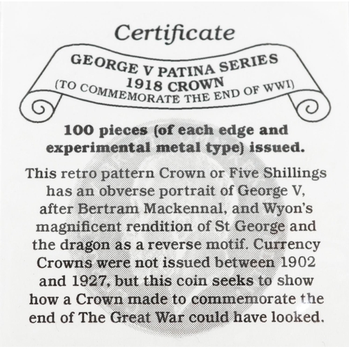 2122 - A George V 1918 Patina series pattern crown set of eight coins, each depicting a different metal, on... 