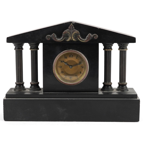 1435 - A Victorian black slate mantle clock with architectural column supports having gilt dial with Arabic... 