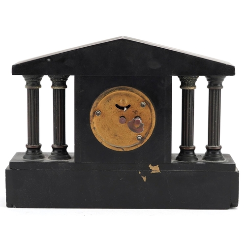 1435 - A Victorian black slate mantle clock with architectural column supports having gilt dial with Arabic... 