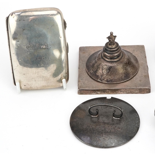 483 - Edwardian and later silver including an Art Nouveau embossed clothes brush, cigarette case, desk cal... 