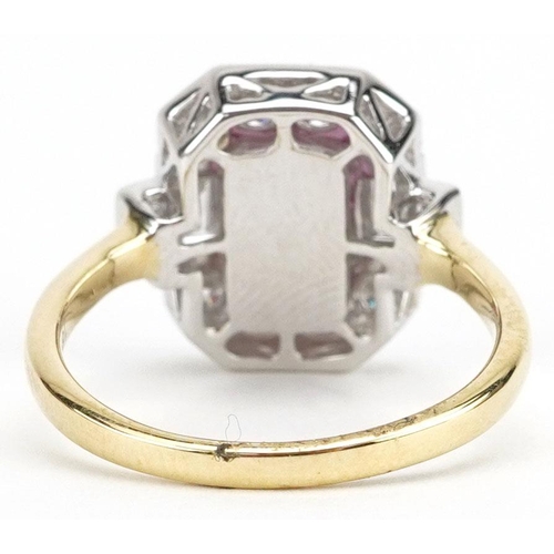 3050 - An Art Deco style 18ct gold pink sapphire and diamond ring set with round brilliant cut diamonds and... 