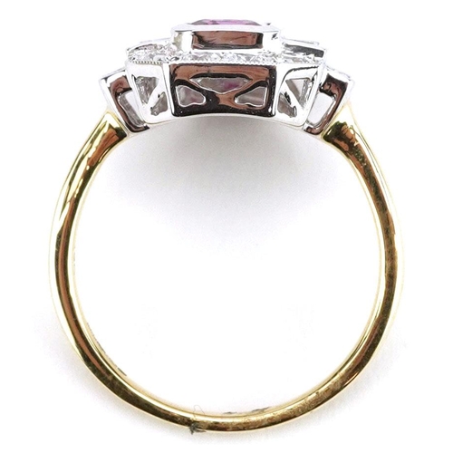 3050 - An Art Deco style 18ct gold pink sapphire and diamond ring set with round brilliant cut diamonds and... 