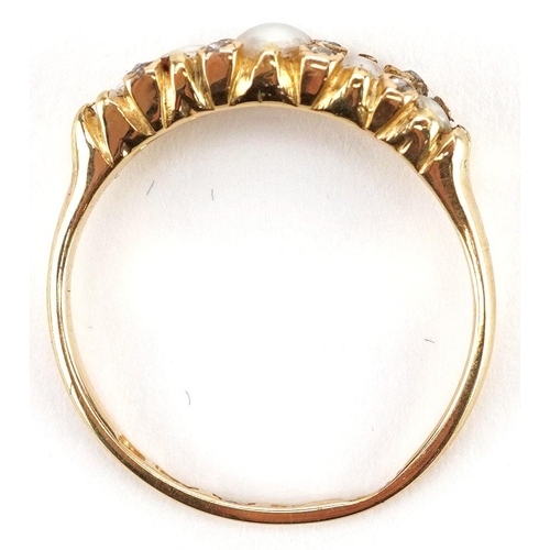 3046 - An antique 18ct gold graduated pearl and diamond ring, size M/N, 2.6g.