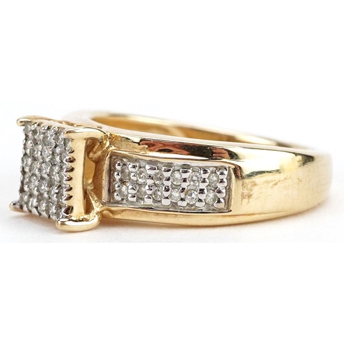 3024 - A 9ct gold diamond square cluster ring with diamond set shoulders, size J, 4.4g