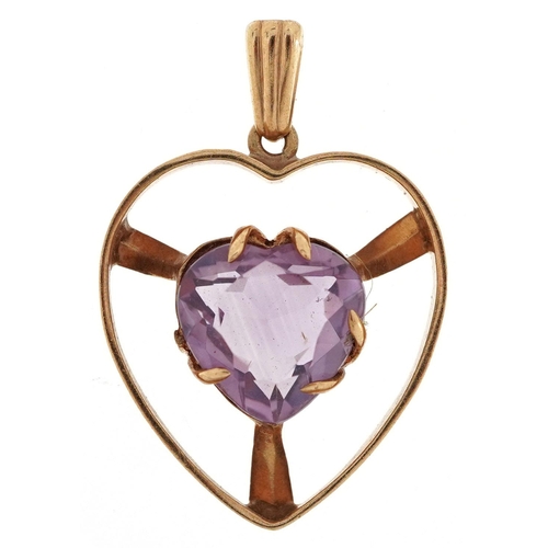 3063 - A 9ct gold amethyst love heart pendant, 2.8cm high, 3.0g.