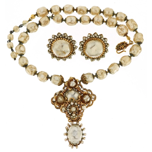 3023 - Miriam Haskell, vintage simulated Baroque pearl and gilt metal necklace with matching earrings, the ... 