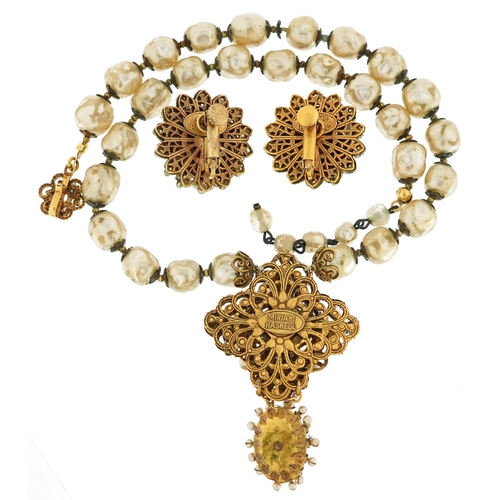 3023 - Miriam Haskell, vintage simulated Baroque pearl and gilt metal necklace with matching earrings, the ... 