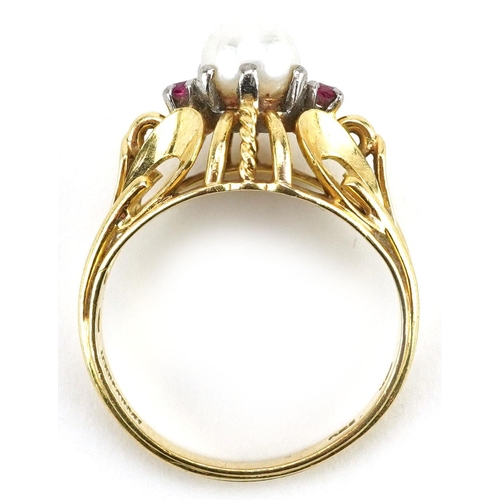 3016 - An 18ct gold cultured pearl and ruby ring engraved Handarbeit, size N, 5.1g