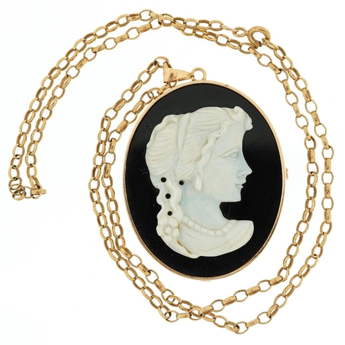 3057 - 14ct gold mounted opal cameo pendant carved with a female onto black onyx back, mounted on a 9ct gol... 