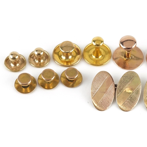 3049 - A collection of Victorian and later 9ct gold studs and a pair of a 9ct gold engine turned cufflinks,... 