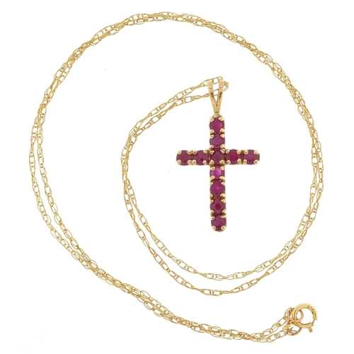 3073 - A 9ct gold pink spinel cross pendant on a 9ct gold necklace, 2.6cm high and 46cm in length, total 1.... 