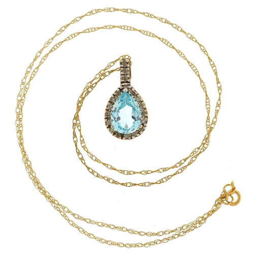 3047 - A 9ct gold blue topaz and diamond teardrop pendant on a 9ct gold necklace, 1.9cm high and 44cm in le... 