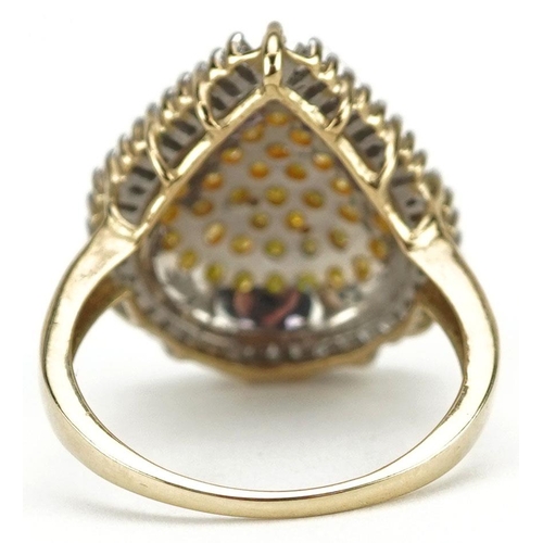 3044 - A 9ct gold yellow and white diamond teardrop cluster cocktail ring, size N, 3.3g.