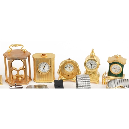 3338 - A collection of miniature gilt brass clocks and wristwatches including Accurist, Limit and Harrods.