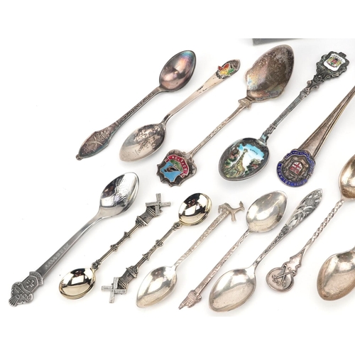 481 - A collection of souvenir spoons, some silver including a Norwegian example, the largest 16cm in leng... 