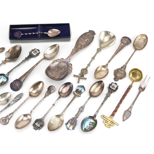 481 - A collection of souvenir spoons, some silver including a Norwegian example, the largest 16cm in leng... 