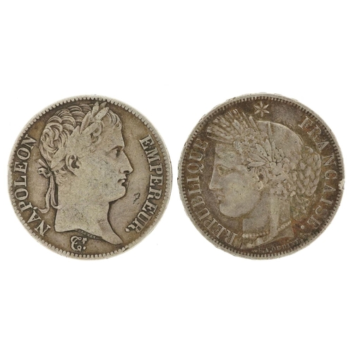 2049 - Two early 19th century French silver coins to include a Napoleon 1808 five francs and a Ceres Libert... 