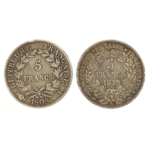 2049 - Two early 19th century French silver coins to include a Napoleon 1808 five francs and a Ceres Libert... 