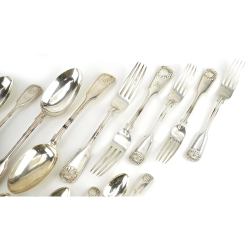 395 - A group of late Victorian silver thread and shell pattern flatware, Sheffield 1888 by Walker & Hall ... 