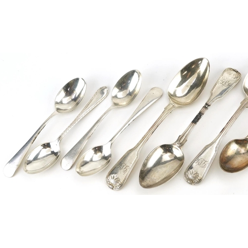 440 - A mixed group of Victorian silver thread & shell and fiddle pattern spoons, 200g.