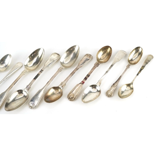 440 - A mixed group of Victorian silver thread & shell and fiddle pattern spoons, 200g.