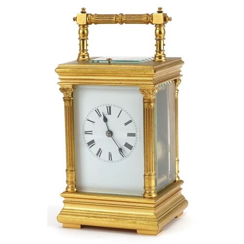 60 - A good early 20th century French gilt metal brass repeating carriage clock, the white enamel dial wi... 