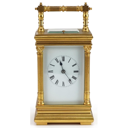 60 - A good early 20th century French gilt metal brass repeating carriage clock, the white enamel dial wi... 