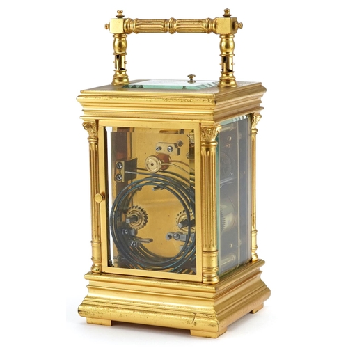 60 - A good early 20th century French gilt metal brass repeating carriage clock, the white enamel dial wi... 