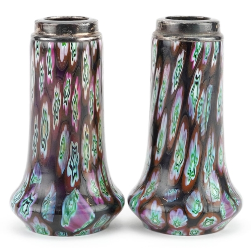 325 - A pair of early 20th millefiori Murano glass vases with silver rims (worn marks) H-11cm.