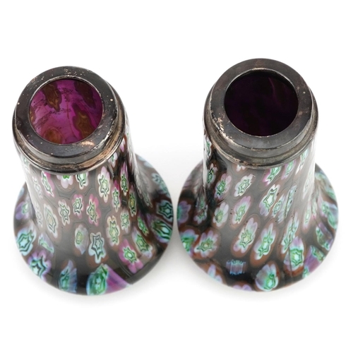 325 - A pair of early 20th millefiori Murano glass vases with silver rims (worn marks) H-11cm.