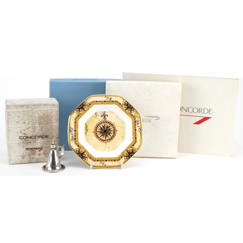 2340 - A British Airways Concorde ceramic dish by Wedgwood and a metal candle snuffer, both boxed, together... 