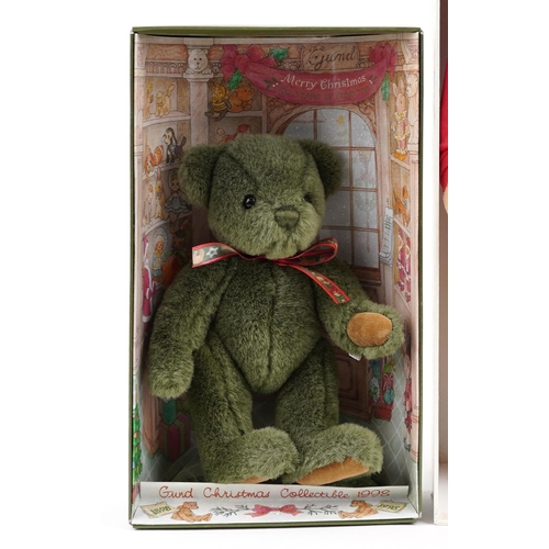 1304 - Three collectable teddy bears with boxes comprising Merrythought Rupert the Bear and two Gund 1998 c... 