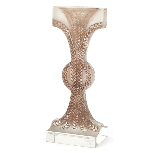 A René Lalique pink frosted glass candle stick, Rameaux circa 1934, signed to base, H-20cm.