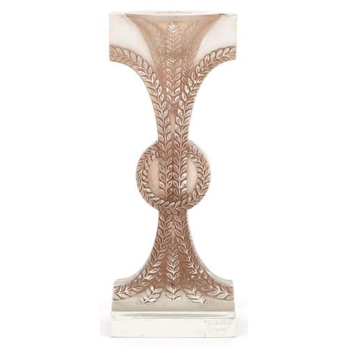  A René Lalique pink frosted glass candle stick, Rameaux circa 1934, signed to base, H-20cm.