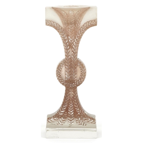  A René Lalique pink frosted glass candle stick, Rameaux circa 1934, signed to base, H-20cm.