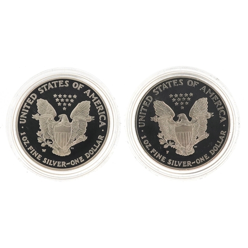 2156 - Two USA American eagle one ounce proof silver coins in original boxes with certificates of authentic... 