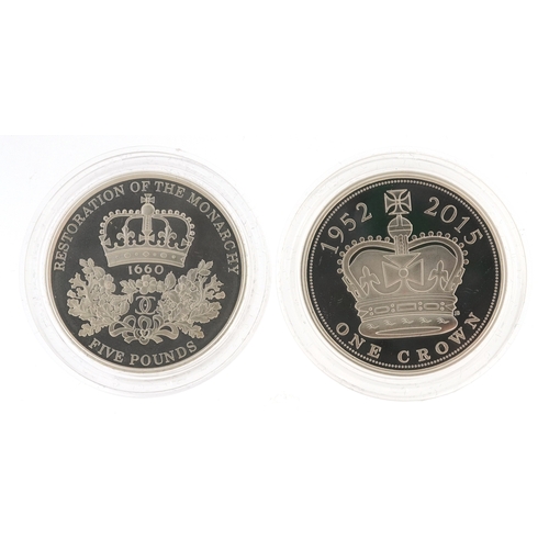 2143 - Two silver proof five pound coins comprising a Piedfort The Longest Reigning Monarch with box and ce... 