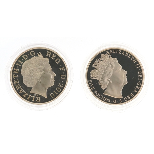 2143 - Two silver proof five pound coins comprising a Piedfort The Longest Reigning Monarch with box and ce... 