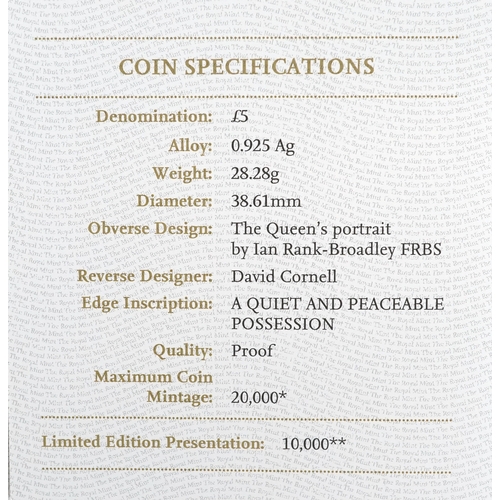 2143 - Two silver proof five pound coins comprising a Piedfort The Longest Reigning Monarch with box and ce... 