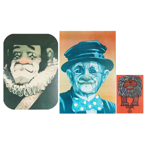 3440 - A group of three Polish CYRK Circus advertising posters, two depicting clowns, the other a lion, eac... 