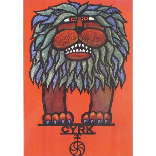 3440 - A group of three Polish CYRK Circus advertising posters, two depicting clowns, the other a lion, eac... 