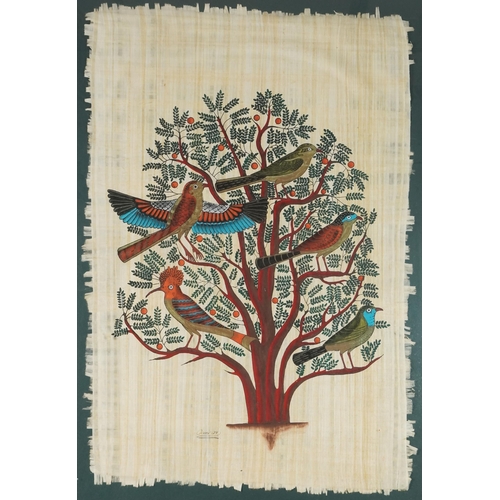 3680 - An Indian acrylic on wove paper, late 20th century, depicting birds in a tree, signed lower corner O... 