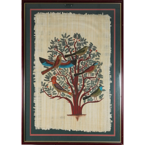 3680 - An Indian acrylic on wove paper, late 20th century, depicting birds in a tree, signed lower corner O... 