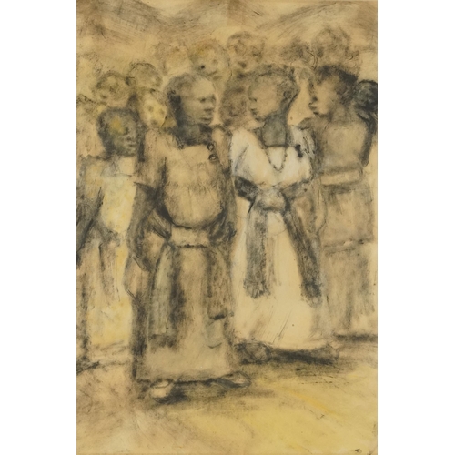 3477 - Eddie Kivumbi - Women ready for a party, late 20th century African school charcoal on paper, framed ... 